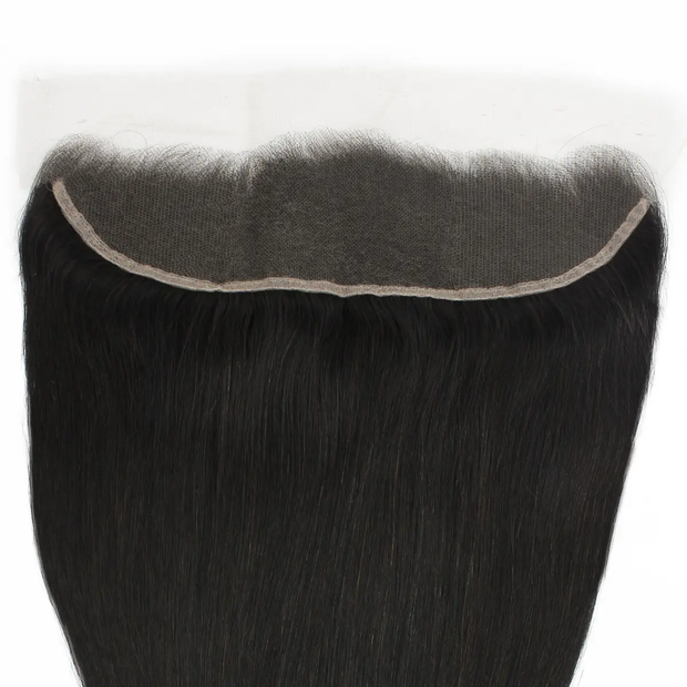 Brazilian straight 13x4 HD lace human hair frontal extension from THE HAIR PUSHER PREMIUM LUXE HAIR, showing the lace front and hair strands.