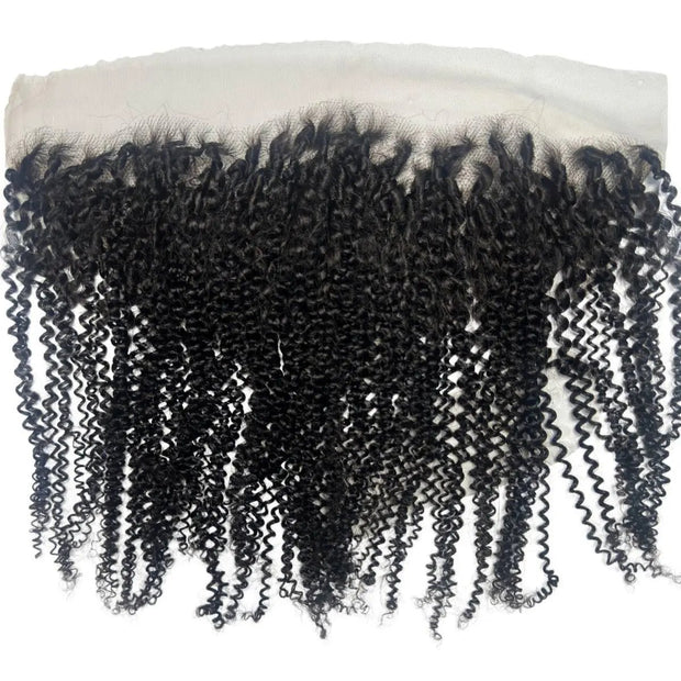 Afro kinky 13x4 HD lace human hair frontal from THE HAIR PUSHER PREMIUM LUXE HAIR, showing detailed lace and kinky hair texture.