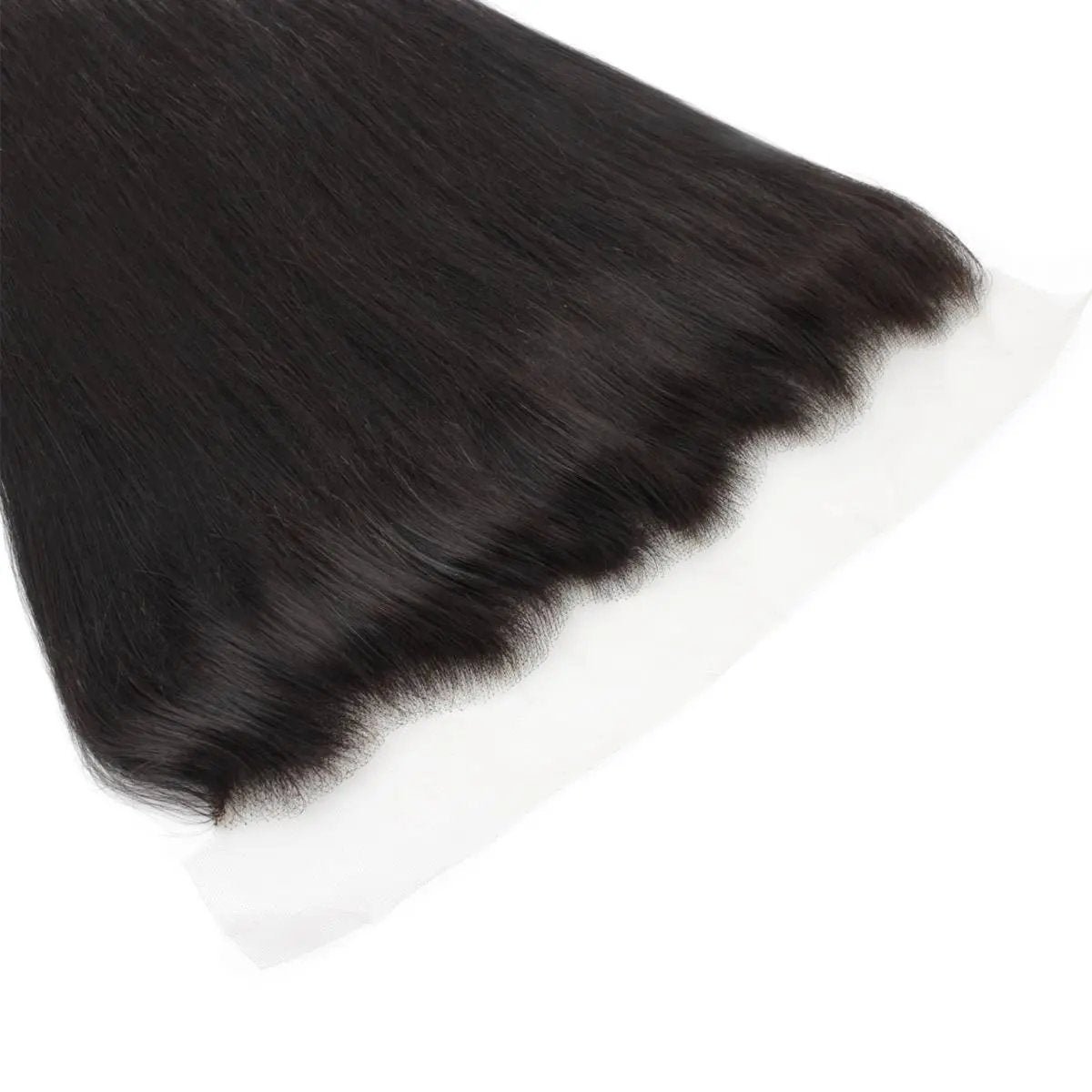 Brazilian straight human hair frontal with 13x4 transparent lace, from The Hair Pusher, showing the lace and straight hair extensions.