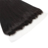 Brazilian straight human hair frontal with 13x4 transparent lace, from The Hair Pusher, showing the lace and straight hair extensions.