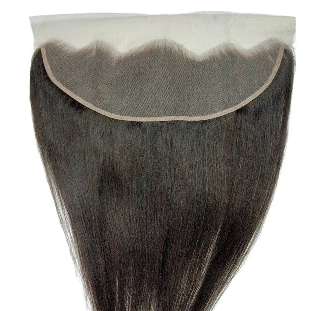Yaki straight 13x4 transparent lace human hair frontal extension by THE HAIR PUSHER PREMIUM LUXE HAIR, showcasing lace and hair texture.