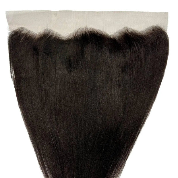 Yaki straight 13x4 transparent lace human hair frontal extension from THE HAIR PUSHER PREMIUM LUXE HAIR, showing the lace and hair texture.
