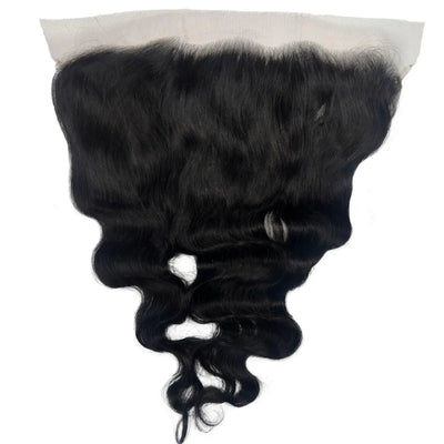 Jet black 13x6 HD lace human hair frontal from THE HAIR PUSHER PREMIUM LUXE HAIR, showcasing natural wave texture and lace detailing.
