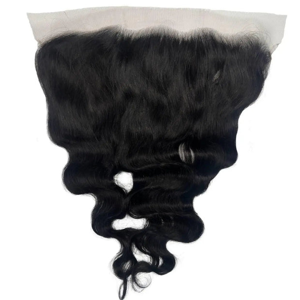 Jet black 13x6 HD lace human hair frontal from THE HAIR PUSHER PREMIUM LUXE HAIR, showcasing natural wave texture and lace detailing.