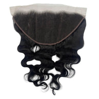 Jet black 13x6 HD lace frontal from THE HAIR PUSHER PREMIUM LUXE HAIR, showcasing the body wave texture and detailed lace design.