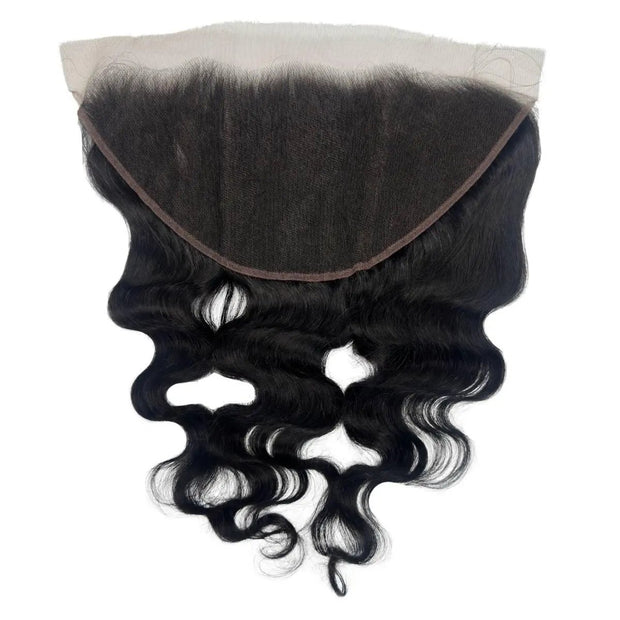 Jet black 13x6 HD lace frontal from THE HAIR PUSHER PREMIUM LUXE HAIR, showcasing the body wave texture and detailed lace design.