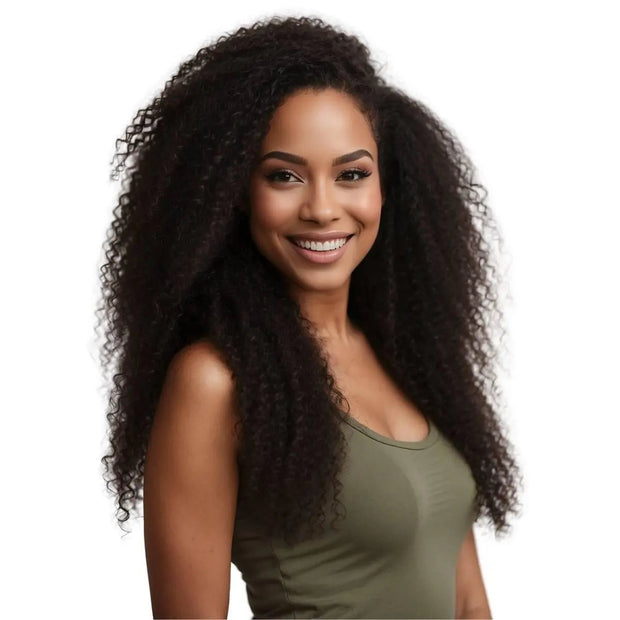 THE HAIR PUSHER PREMIUM LUXE HAIR Jerry Curl clip-in human hair extensions displayed on a model head.