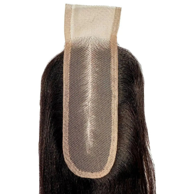Yaki straight 2x6 transparent lace human hair closure by THE HAIR PUSHER PREMIUM LUXE HAIR displayed on a white background.