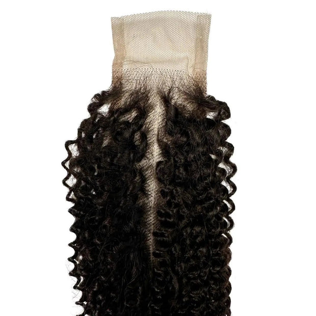 Transparent lace human hair closure with Jerry Curl 2x6 style from THE HAIR PUSHER PREMIUM LUXE HAIR, showing textured curls and lace detail.