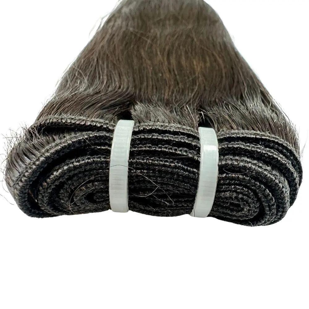 Raw natural black straight human hair bundles from The Hair Pusher, showcasing silky, straight hair extensions with a natural shine.