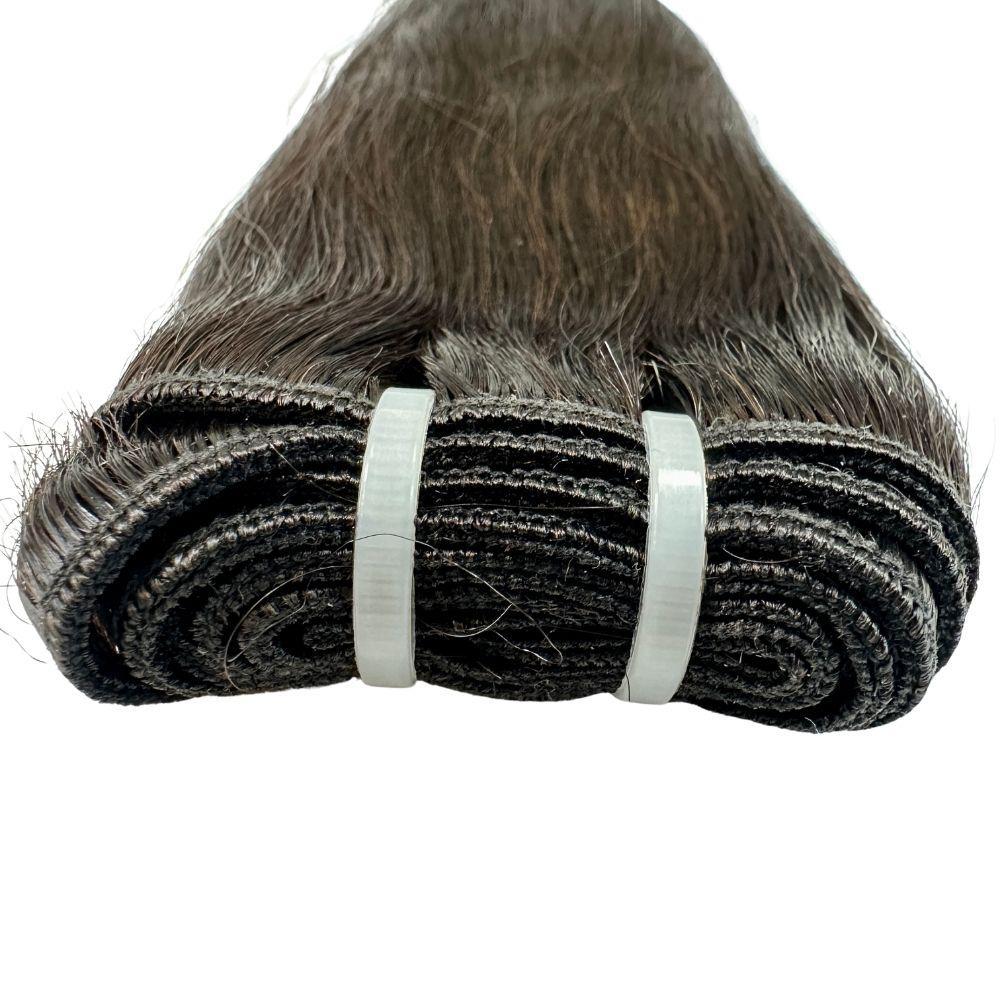 Black straight human hair bundles from THE HAIR PUSHER PREMIUM LUXE HAIR, showcasing smooth, natural 100% human hair extensions.