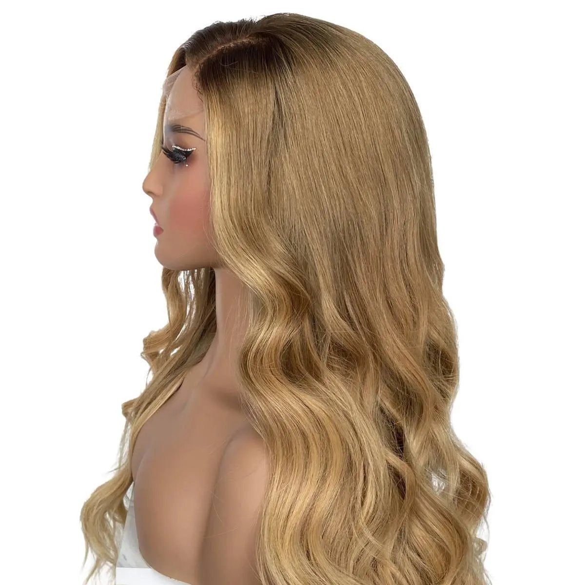Honey blonde ombre wavy 5x5 HD lace closure wig by THE HAIR PUSHER PREMIUM LUXE HAIR, 26 inches, 180% density