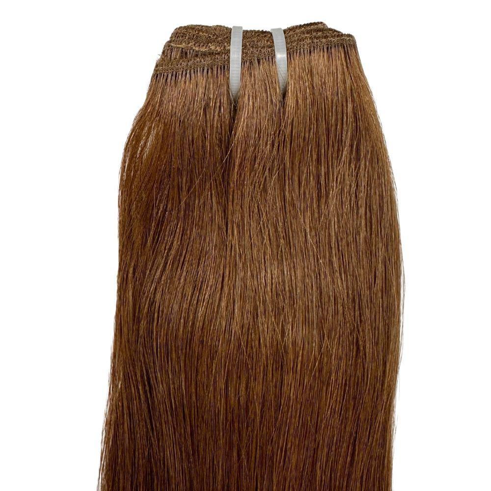 Raw medium brown straight human hair bundles from THE HAIR PUSHER PREMIUM LUXE HAIR, showing the sleek, straight texture and natural shine.