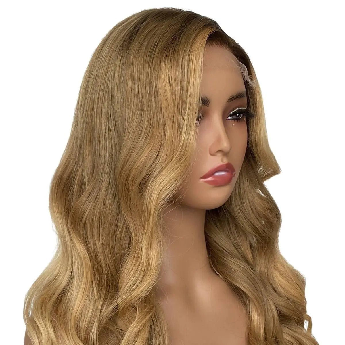 Honey blonde ombre wavy 5x5 HD lace closure wig, 26-inch length, 180% density, by THE HAIR PUSHER PREMIUM LUXE HAIR.