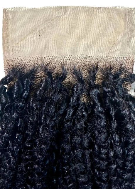 Afro kinky curly 4x4 transparent lace human hair closure from THE HAIR PUSHER PREMIUM LUXE HAIR, showing detailed lace and curly texture.