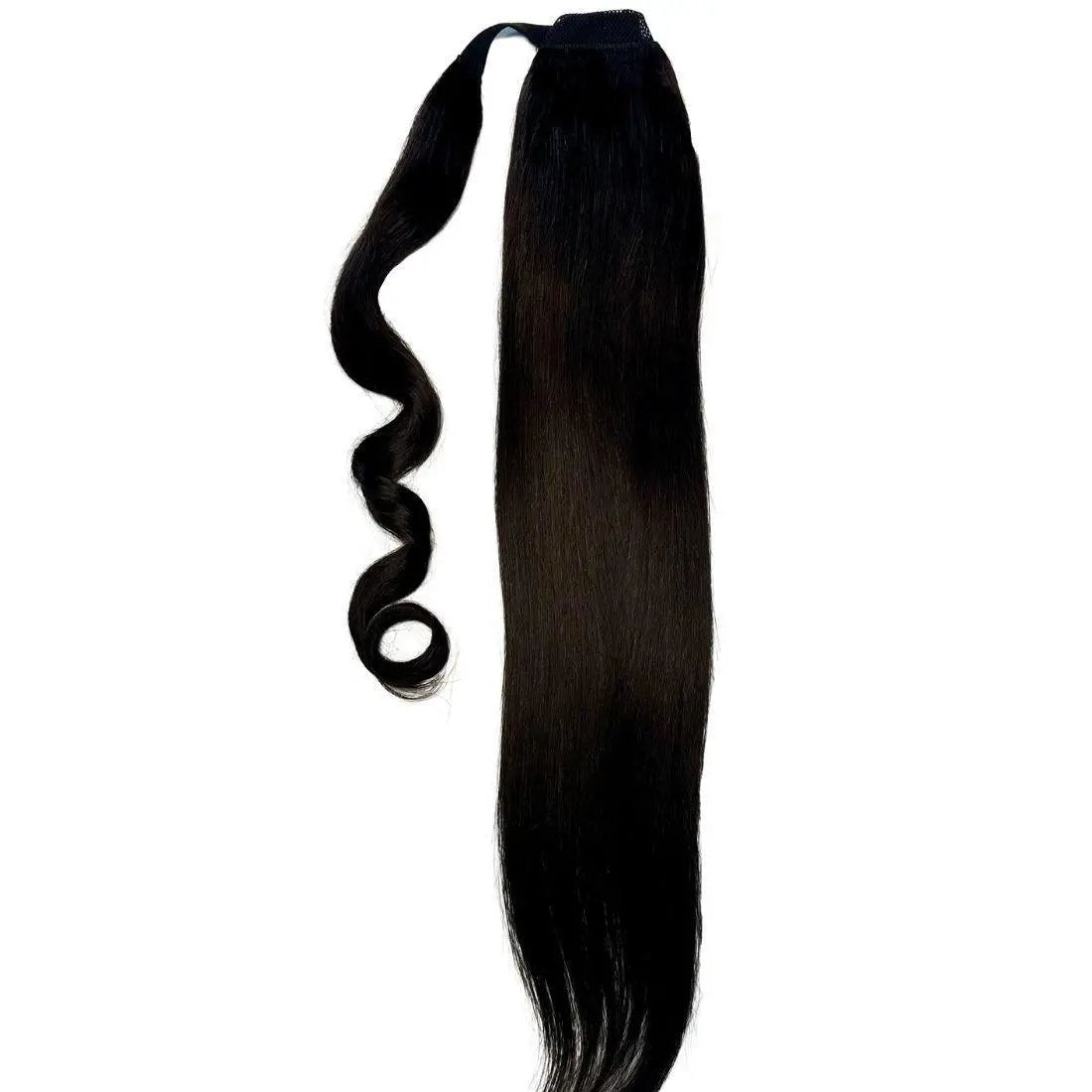 Natural black 100% human hair ponytail extension by THE HAIR PUSHER PREMIUM LUXE HAIR, showing a sleek, high-quality hair extension.