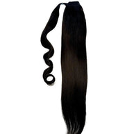 Natural black 100% human hair ponytail extension by THE HAIR PUSHER PREMIUM LUXE HAIR, showing a sleek, high-quality hair extension.