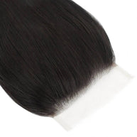Straight 5x5 transparent lace human hair closure by THE HAIR PUSHER PREMIUM LUXE HAIR, showcasing a natural-looking hair extension closure.