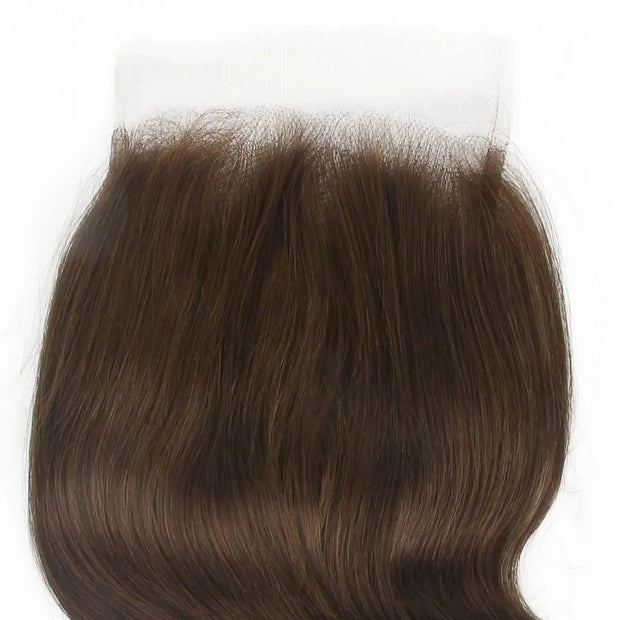 Medium brown 5x5 HD lace human hair closure from THE HAIR PUSHER PREMIUM LUXE HAIR, showcasing natural wave texture and lace detailing.