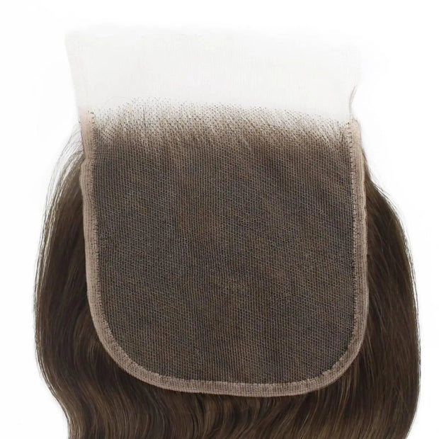 Medium brown 5x5 HD lace human hair closure by THE HAIR PUSHER PREMIUM LUXE HAIR, showing close-up of lace and hair texture.