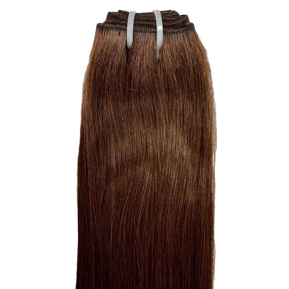 Raw dark brown straight human hair bundles from THE HAIR PUSHER PREMIUM LUXE HAIR, showing smooth, shiny hair extensions.
