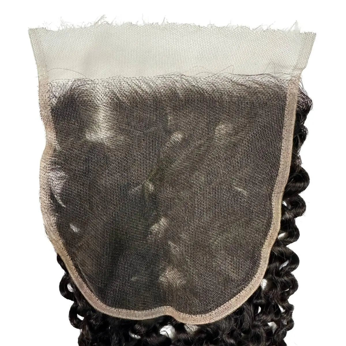 Kinky curly 6x6 HD lace human hair closure by THE HAIR PUSHER PREMIUM LUXE HAIR, showing detailed lace and curly hair texture.