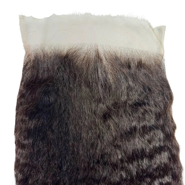 Kinky straight 6x6 HD lace human hair closure from THE HAIR PUSHER PREMIUM LUXE HAIR, showing detailed lace and hair texture.