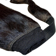 Natural black 100% human hair ponytail extension from THE HAIR PUSHER PREMIUM LUXE HAIR, showing the sleek, shiny ponytail style.