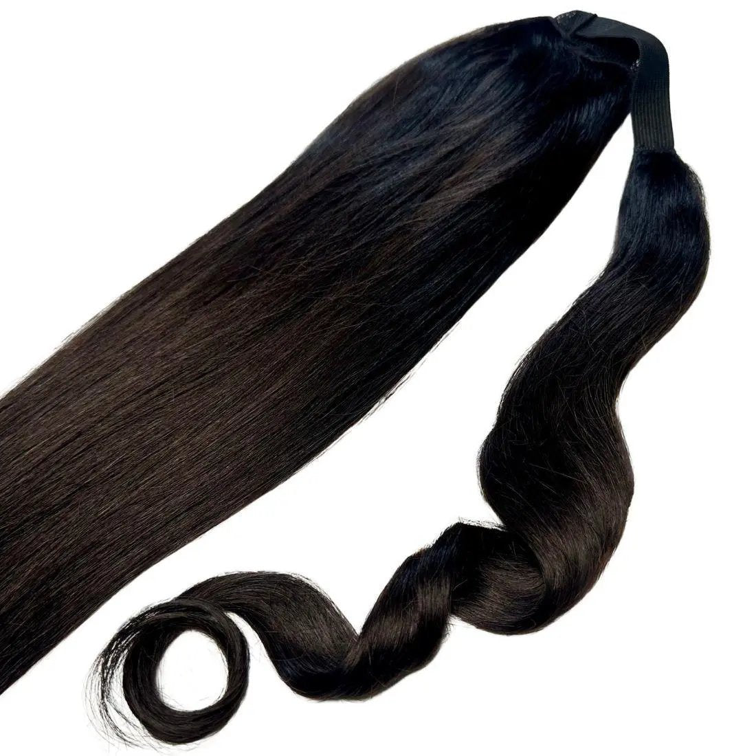 Natural black 100% human hair ponytail extension by THE HAIR PUSHER PREMIUM LUXE HAIR, showing a sleek, full ponytail hairstyle.