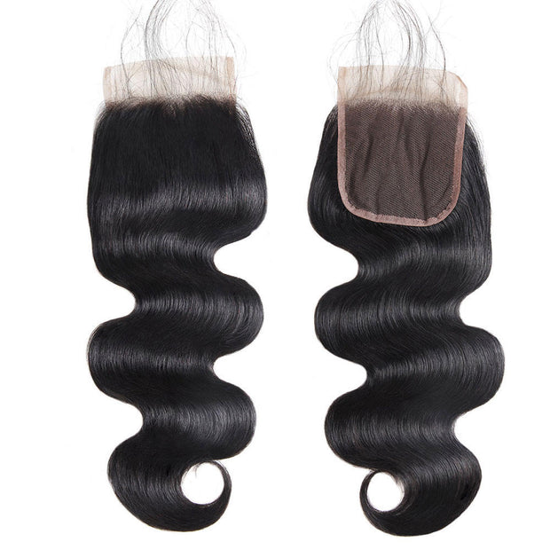 Jet black 7x7 HD lace human hair closure with body wave texture by Private Label, showing close-up of the lace and hair waves. The Hair Pusher