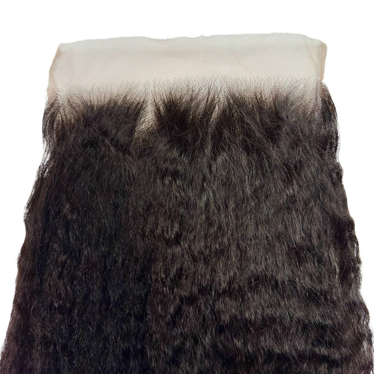 Kinky straight 7x7 HD lace human hair closure from THE HAIR PUSHER PREMIUM LUXE HAIR, showcasing a natural hairline and lace detail.
