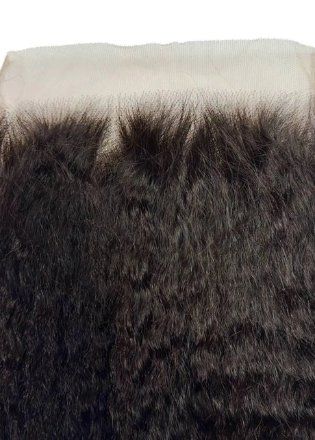 Kinky straight 7x7 HD lace human hair closure from THE HAIR PUSHER PREMIUM LUXE HAIR, showing detailed lace and hair texture