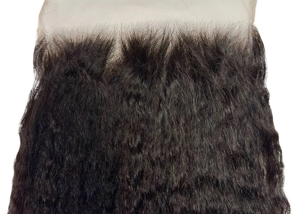 Kinky straight 7x7 HD lace human hair closure from THE HAIR PUSHER PREMIUM LUXE HAIR, showing detailed lace and hair texture