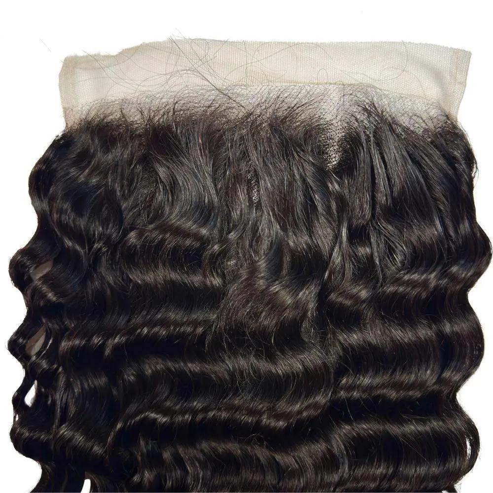 Deep wave 7x7 HD lace human hair closure by THE HAIR PUSHER PREMIUM LUXE HAIR, showing detailed lace and wavy hair texture.