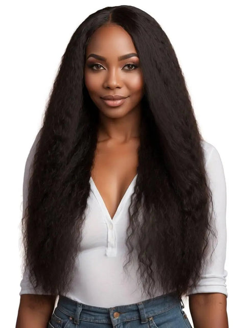 Kinky straight clip-in human hair extensions by THE HAIR PUSHER PREMIUM LUXE HAIR, showing the full set of natural-looking hair extensions.