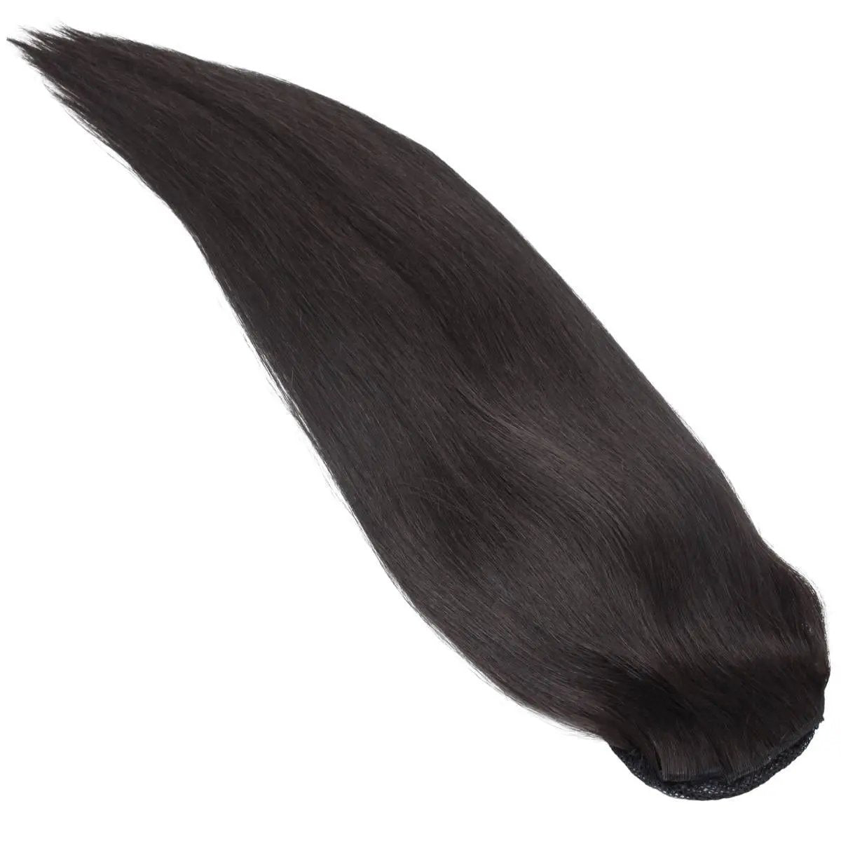 Straight 26-inch 100% human hair ponytail extension from THE HAIR PUSHER PREMIUM LUXE HAIR, 180g, shown attached with smooth finish.