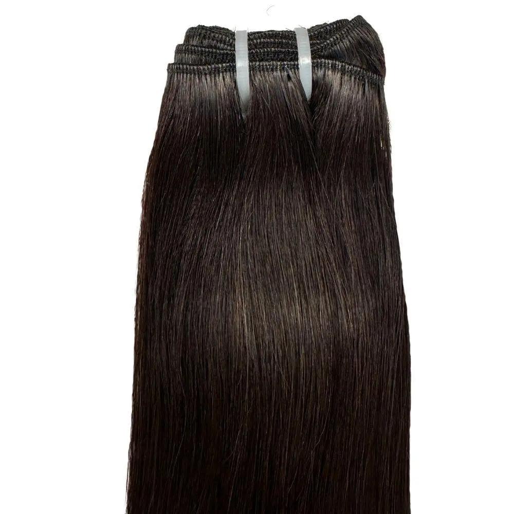 Raw natural black straight human hair bundles from The Hair Pusher, showcasing smooth, shiny black hair extensions.