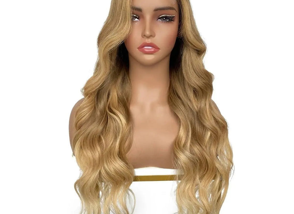Honey blonde ombre wavy 5x5 HD lace closure wig, 26 inches, 180% density, by THE HAIR PUSHER PREMIUM LUXE HAIR.