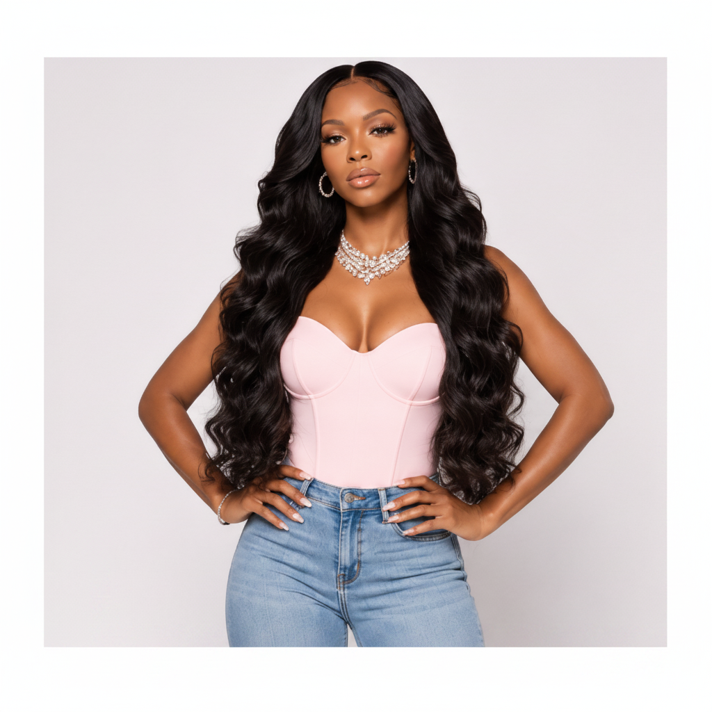 A woman modeling a long, loose wave wig in black, styled with a light pink sweetheart corset top and blue jeans against a light gray studio background, THE HAIR PUSHER PREMIUM LUXE HAIR.