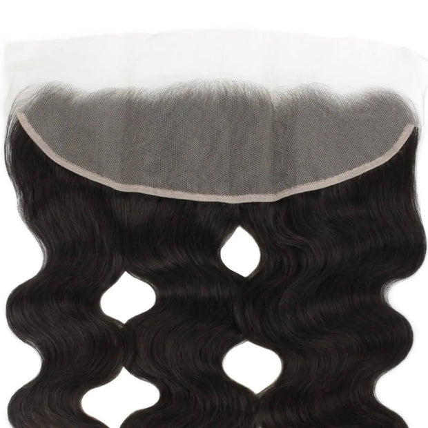 Brazilian body wave 13x4 transparent lace human hair frontal from The Hair Pusher, showing a natural wave pattern and lace detail