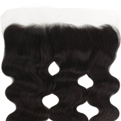 Brazilian Body Wave 13x4 transparent lace frontal for human hair extensions by The Hair Pusher, showing detailed lace and wave pattern.