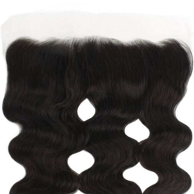 Brazilian Body Wave 13x4 transparent lace frontal for human hair extensions by The Hair Pusher, showing detailed lace and wave pattern.
