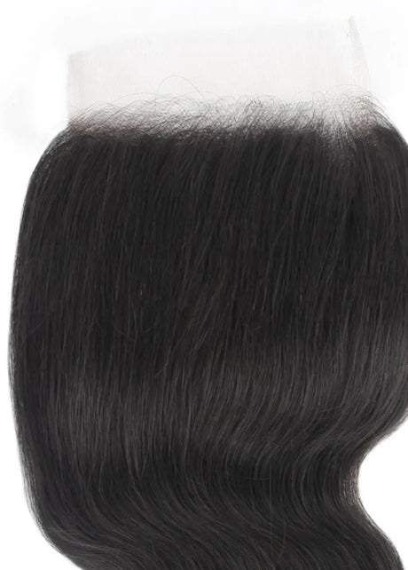 Body wave 5x5 transparent lace human hair closure by THE HAIR PUSHER PREMIUM LUXE HAIR, showcasing natural wave pattern and lace front.