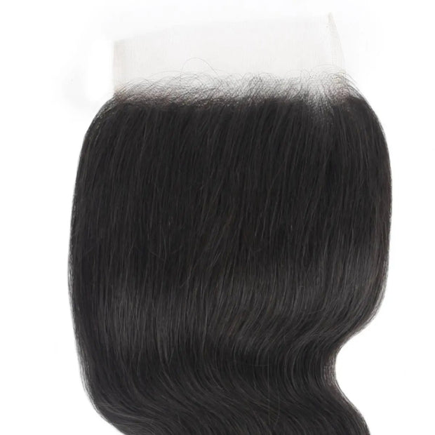 Body wave 5x5 transparent lace human hair closure by THE HAIR PUSHER PREMIUM LUXE HAIR, showcasing natural wave pattern and lace front.