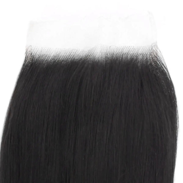 Brazilian straight 5x5 HD lace human hair closure by THE HAIR PUSHER PREMIUM LUXE HAIR, showing close-up of natural-looking lace and straight hair