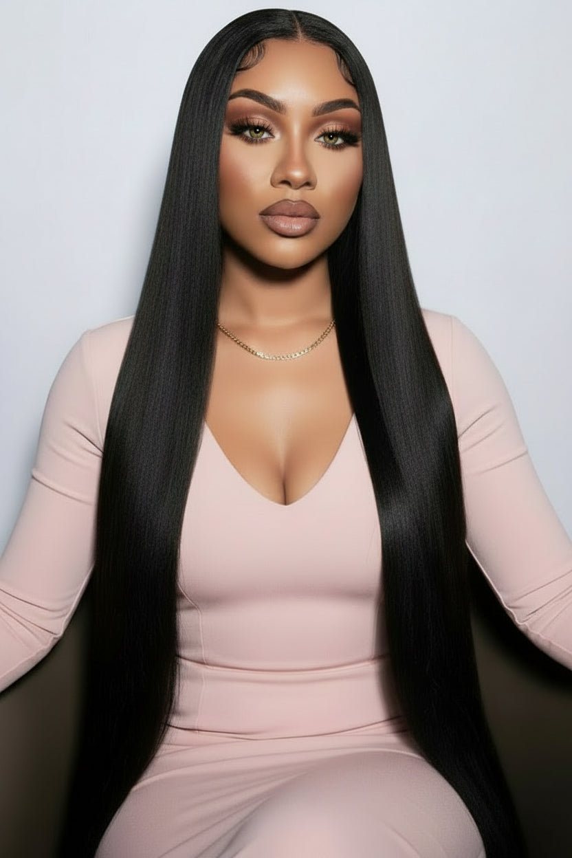 Brazilian straight HD lace wig from THE HAIR PUSHER PREMIUM LUXE HAIR, pre-plucked with transparent lace and natural-looking parting.