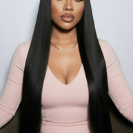 Brazilian straight HD lace wig from THE HAIR PUSHER PREMIUM LUXE HAIR, pre-plucked with transparent lace and natural-looking parting.