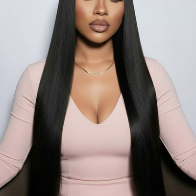 Brazilian straight HD lace wig from THE HAIR PUSHER PREMIUM LUXE HAIR, pre-plucked with transparent lace and natural-looking parting.