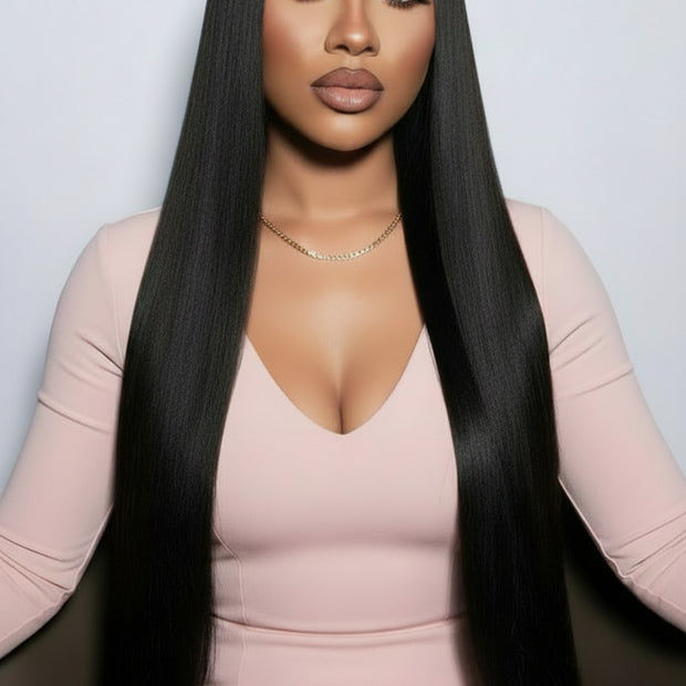 Brazilian straight HD lace wig from THE HAIR PUSHER PREMIUM LUXE HAIR, pre-plucked with transparent lace and natural-looking parting.