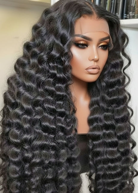 Brazilian raw deep wave HD closure wig from THE HAIR PUSHER PREMIUM LUXE HAIR, showcasing the natural deep wave texture and closure details.